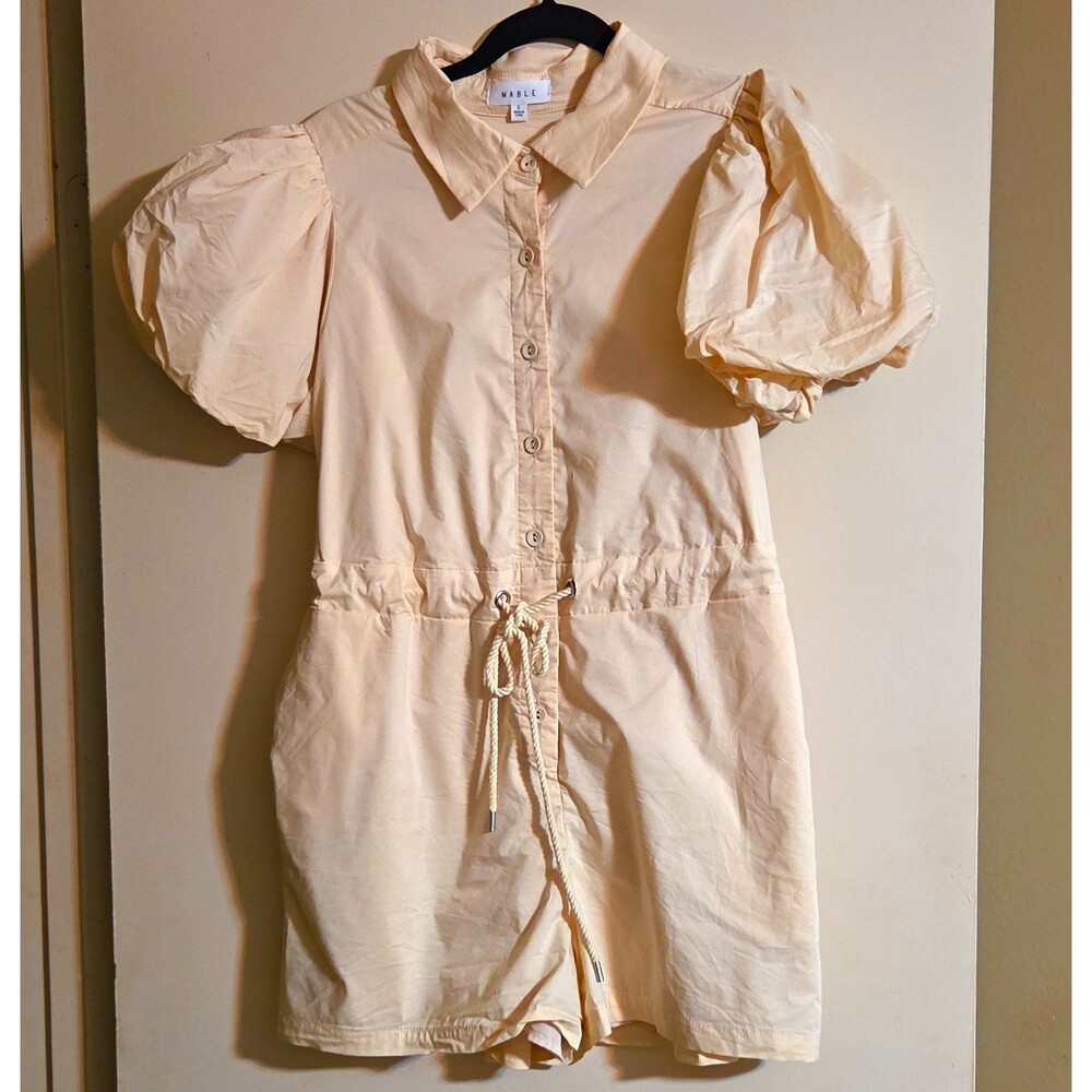 MABLE Beige Solid Puff Sleeve Collared Romper w/ Pockets Drawstring Size S